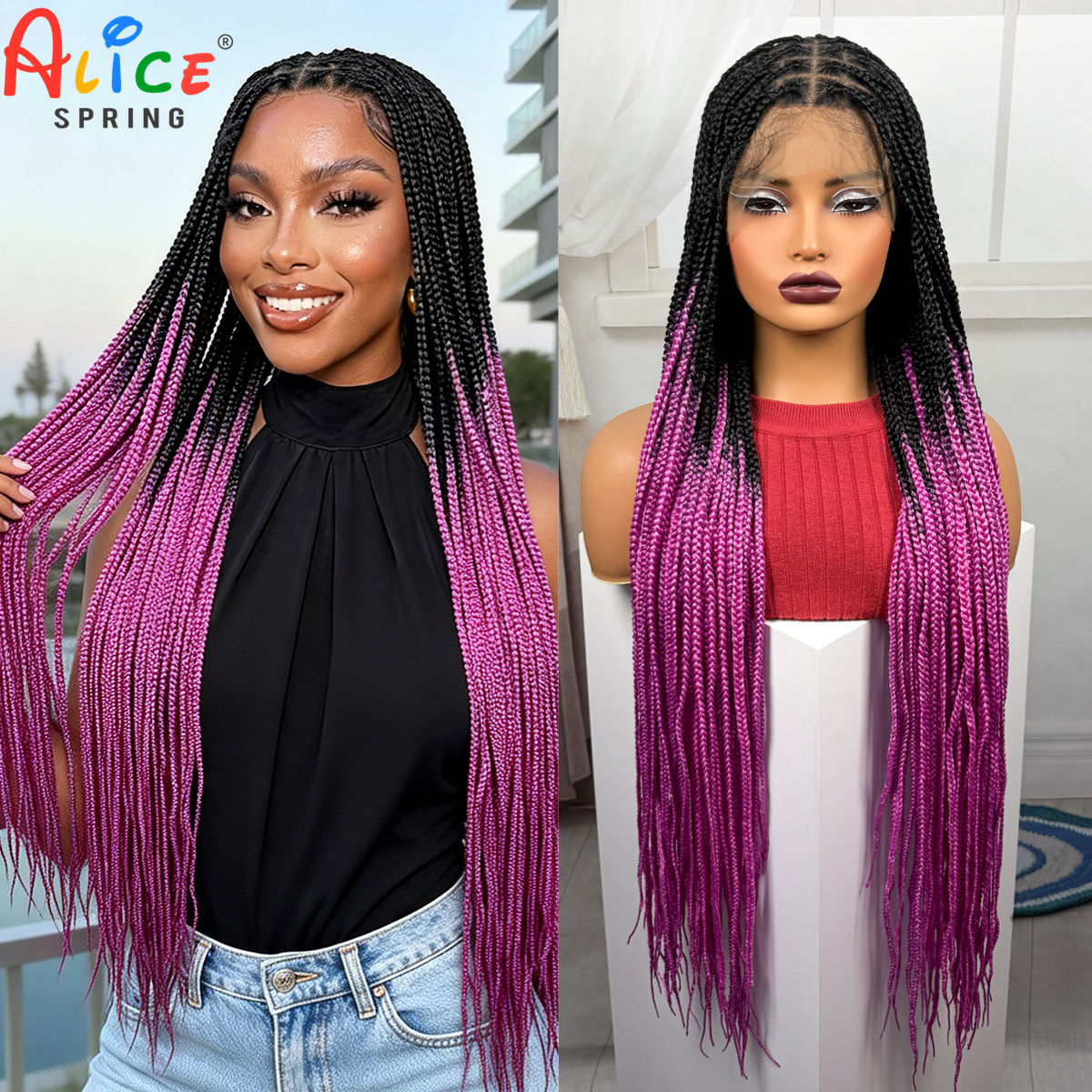 Synthetic Braided Wigs For Black Women - 36인치 길이 핑크색 박스 브레이드 가발,