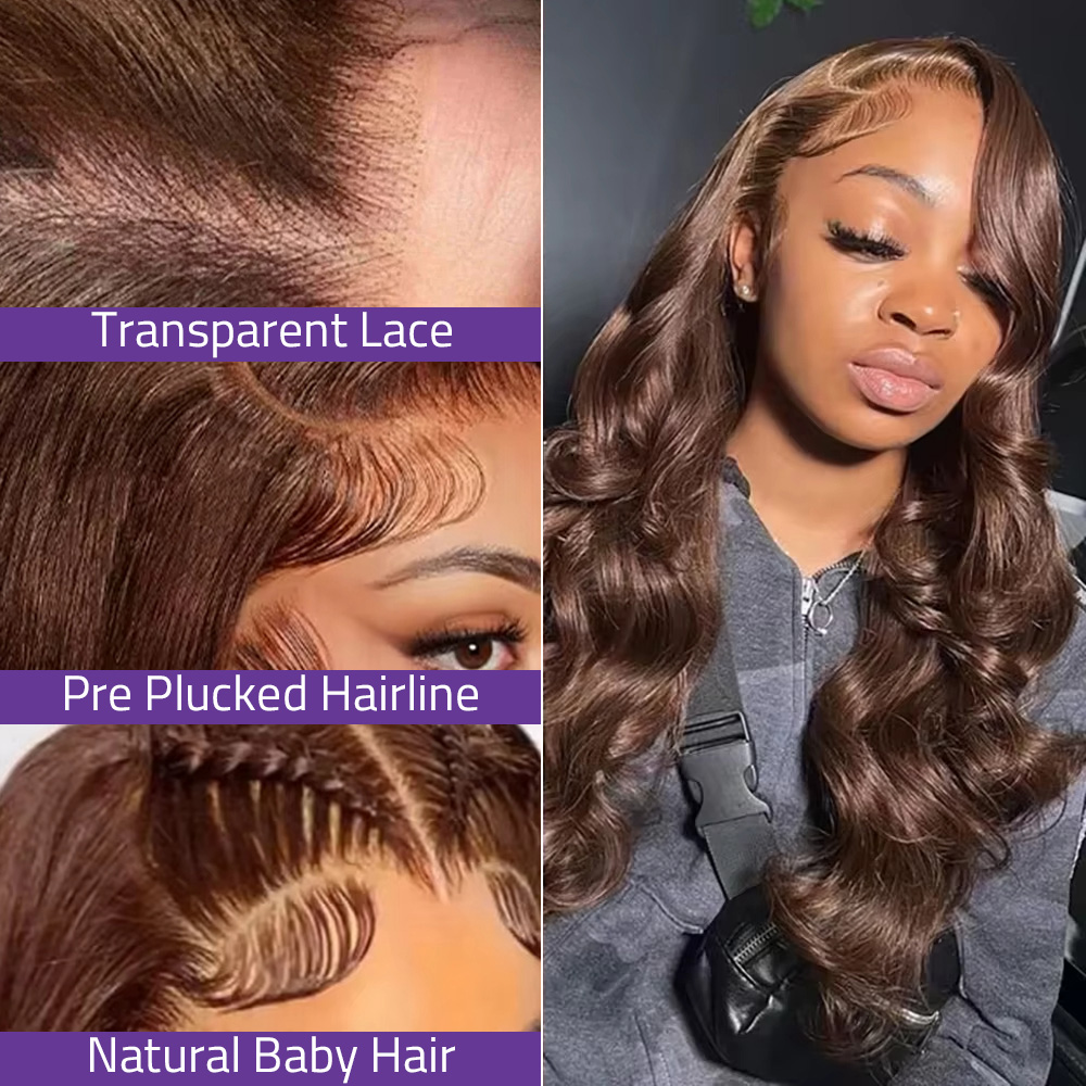 Hd Lace Frontal Wig Human Hair Pre Plucked - # 초콜릿 브라운 색상 200% 밀도